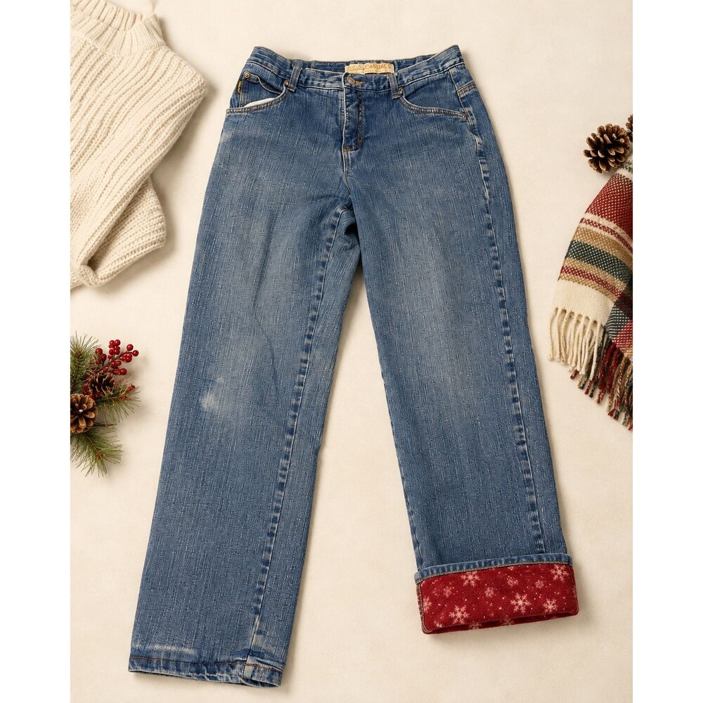 Cabela's Casuals Women's 6 Reg Flannel Lined Jeans Blue Snowflake Straight Leg